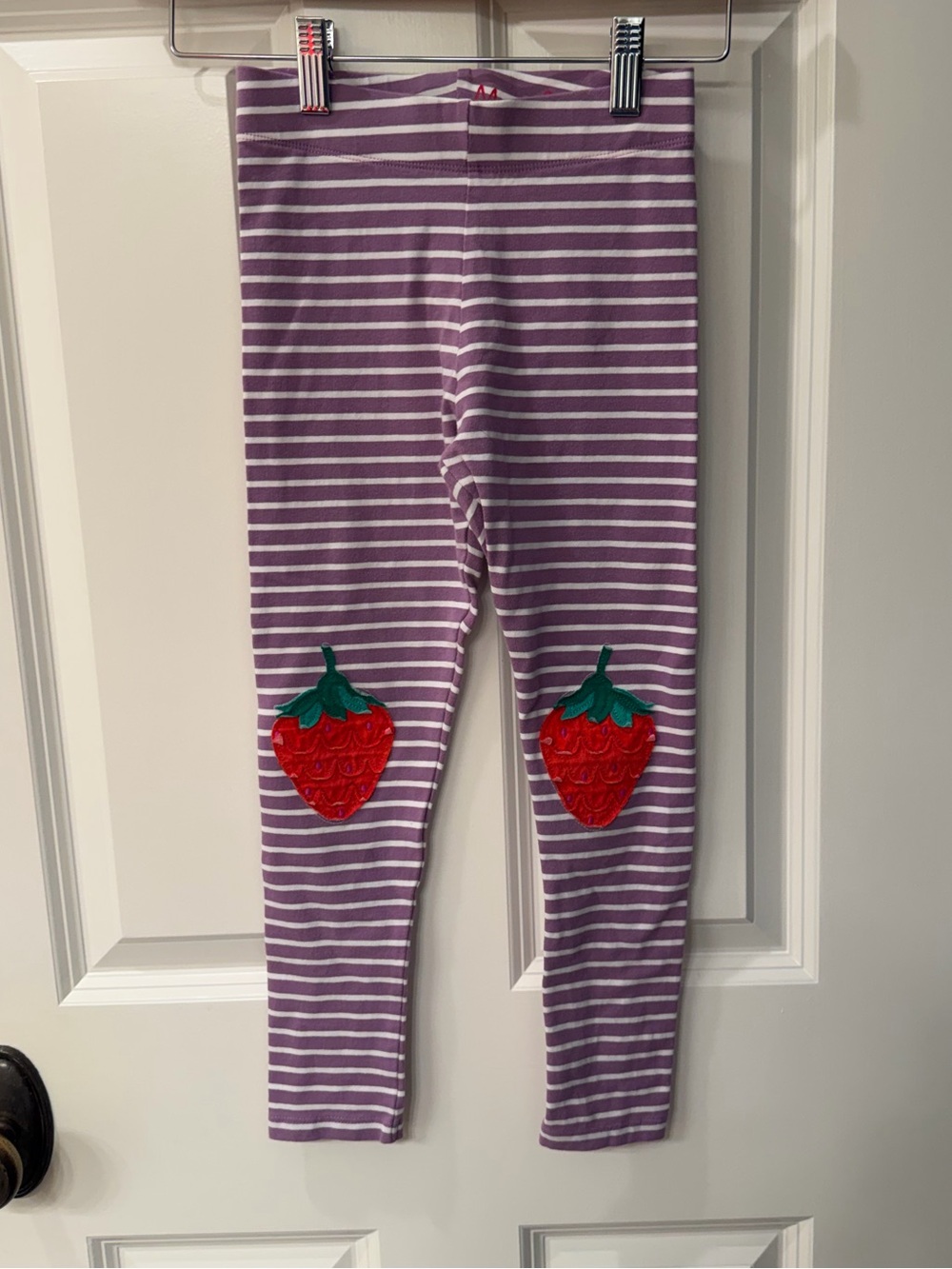 Mini Boden Purple and White Striped Leggings with Red Strawberry Knee Patches